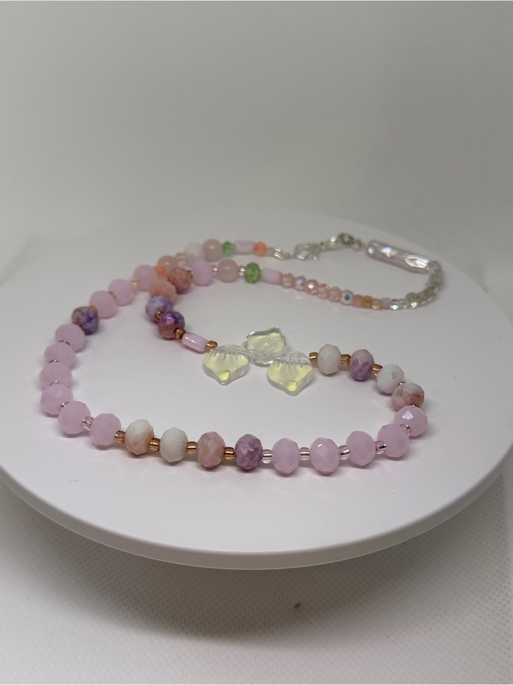 Hand Crafted Pink Bead Necklace with Purple Leaf Charms
